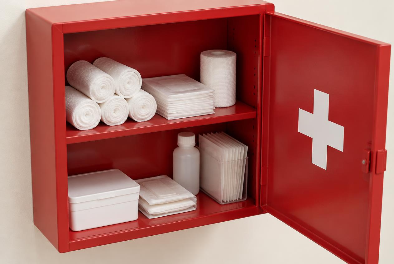 Close-up of an open wall-mounted first aid kit stocked with clean supplies on a plain cream wall