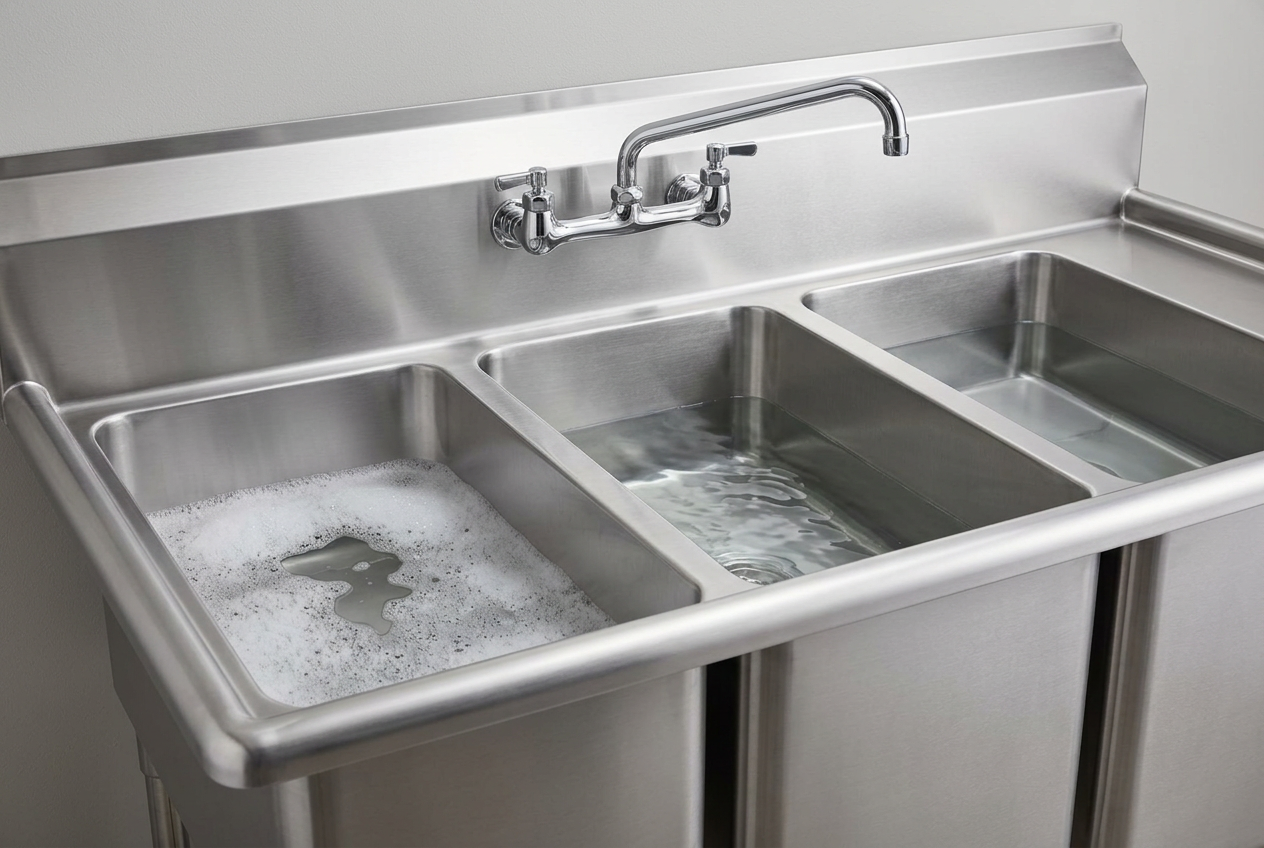 Tightly framed commercial stainless steel three-compartment sink