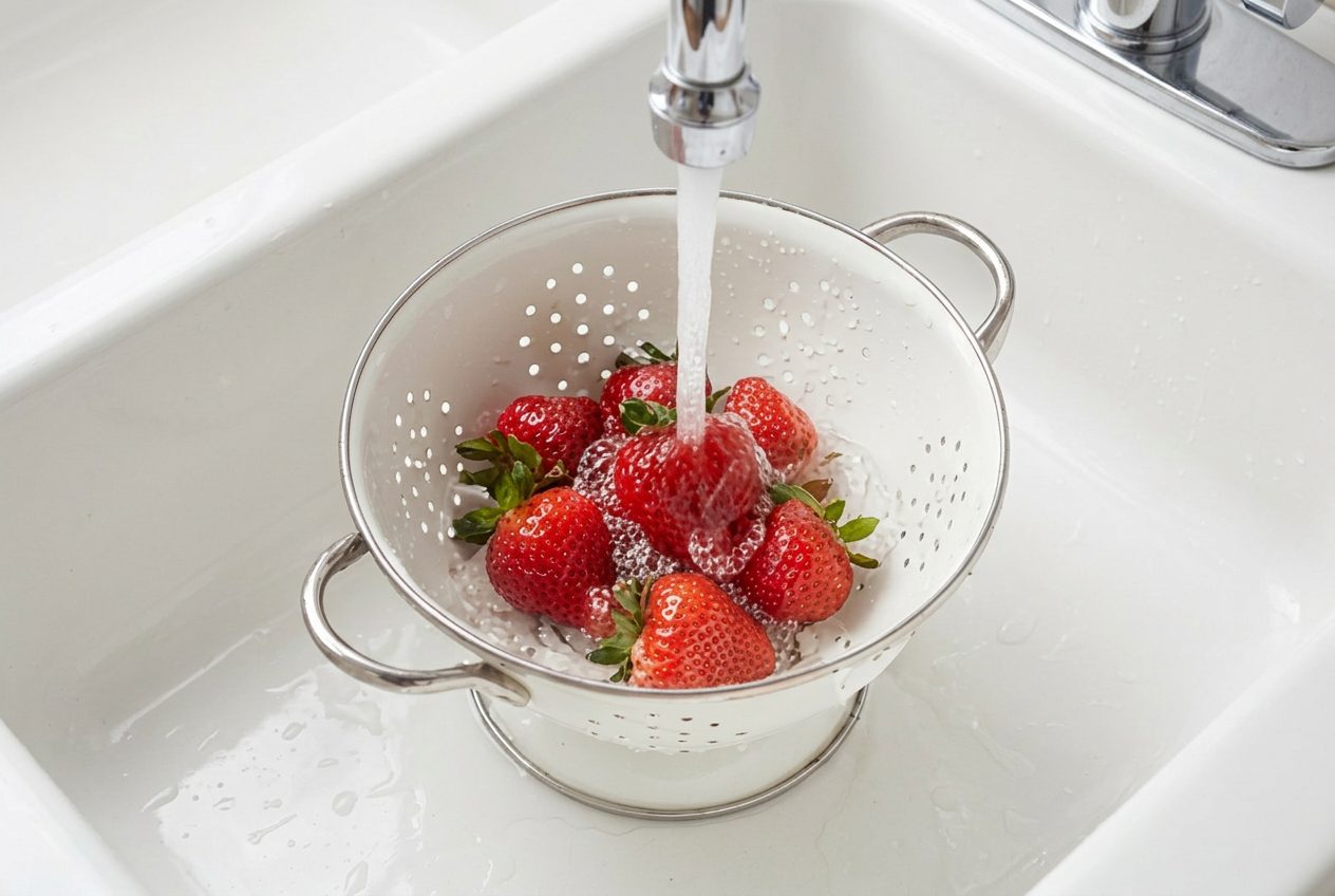 Fresh strawberries rinsed under running tap water in a white colander in a kitchen sink