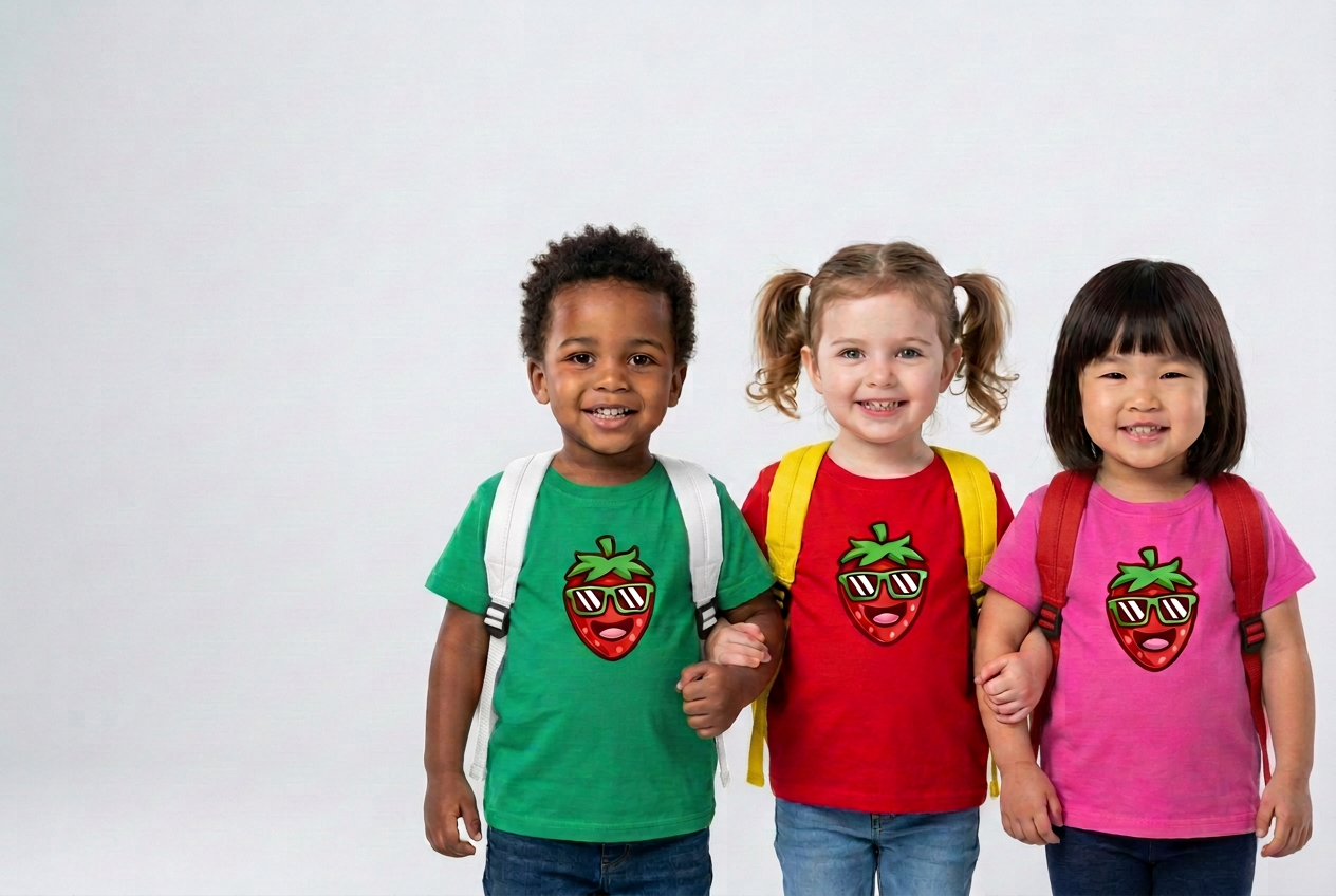 Three smiling toddlers holding arms, wearing green, red, and pink strawberry T-shirts with white, yellow, and red backpack straps