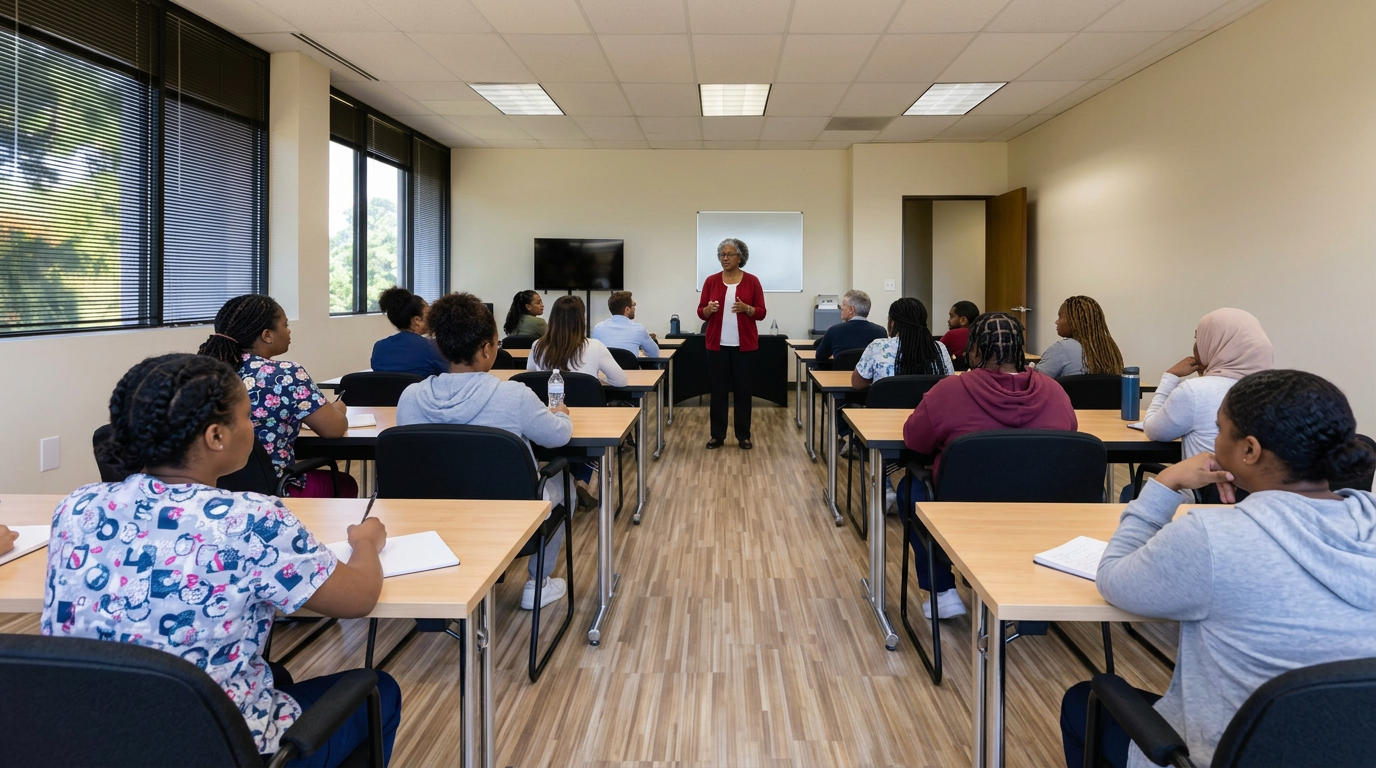Experienced safety trainer in a red cardigan teaching a classroom of adult students