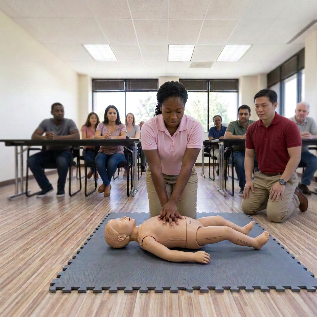 Pediatric CPR practice with a kneeling instructor and a classroom filled with adult students